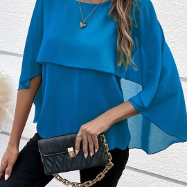 Solid Layered Cloak Sleeve Blouse, Versatile Crew Neck Blouse For Spring & Fall, Women's Clothing