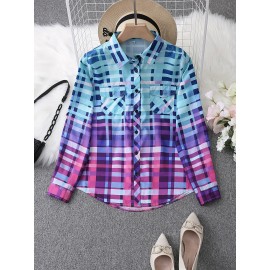 Colorful Plaid Print Shirt, Casual Long Sleeve Button Front Shirt With A Collar, Women's Clothing