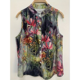 Floral Print Sleeveless Blouse, Casual Crew Neck Button Front Blouse, Women's Clothing