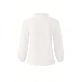Ruffled Trim V Neck Shirt, Elegant Loose Long Sleeve Shirt, Women's Clothing