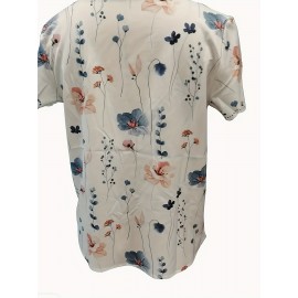 Floral Print Scallop Trim Blouse, Casual Short Sleeve V Neck Blouse For Spring & Summer, Women's Clothing