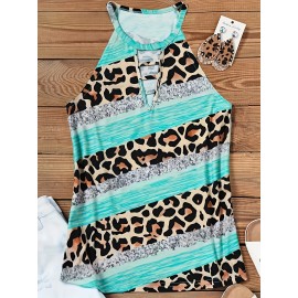 Leopard Print Colorblock Halter Neck Top, Casual Cutout Sleeveless Top For Summer, Women's Clothing