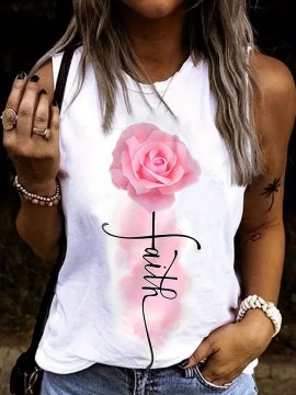 Flower & Letter Print Tank Top, Sleeveless Crew Neck Tank Top, Casual Every Day Tops, Women's Clothing