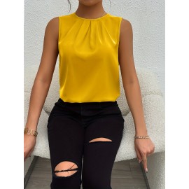 Solid Pleated Simple Tank Top, Elegant Sleeveless Tank Top For Summer, Women's Clothing