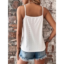 Eyelet Contrast Lace Cami Top, Casual V-neck Spaghetti Strap Top For Summer, Women's Clothing
