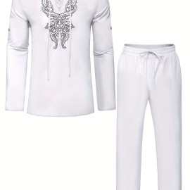 Cotton Boho Style Pattern Embroidery Men's 2 Pieces Outfits, Long Sleeve Lace Up Shirt And Drawstring Solid Trousers Set