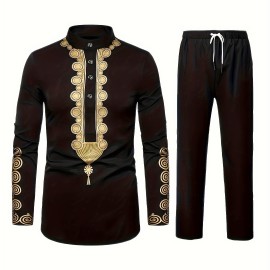 Men's Traditional Long Sleeve Casual African Lightweight Long Shirt, Cheongsam Collar Style