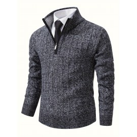 Turtle Neck With Zipper Knitted Texture Sweater, Men's Casual Warm Solid Color Mid Stretch Pullover Sweater For Fall Winter