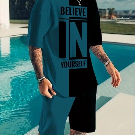 Believe In Yourself Print, Men's 2Pcs Outfits, Casual Crew Neck Short Sleeve T-shirt And Drawstring Shorts Set For Summer, Men's Clothing