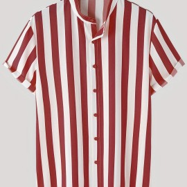 Men's Casual Stripe Mismatch Pattern Mandarin Collar Short Sleeve Shirt, Male Hawaiian Shirt For Summer