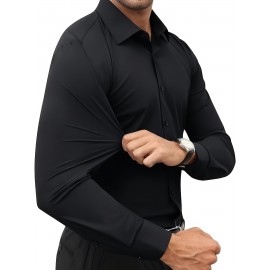 Basic Solid Men's Daily Stretch Formal Dress, Men's Slim Fit Long Sleeve Button Up Shirt, Spring Fall