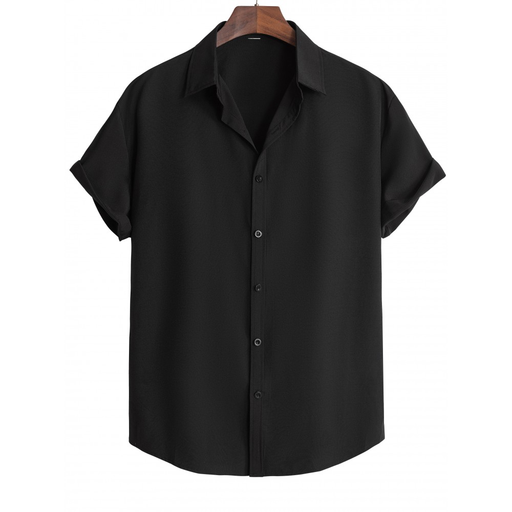 Men's Casual Lapel Solid Basic Tee Shirt, Button Short Sleeve Loose Work Business Shirt For Summer